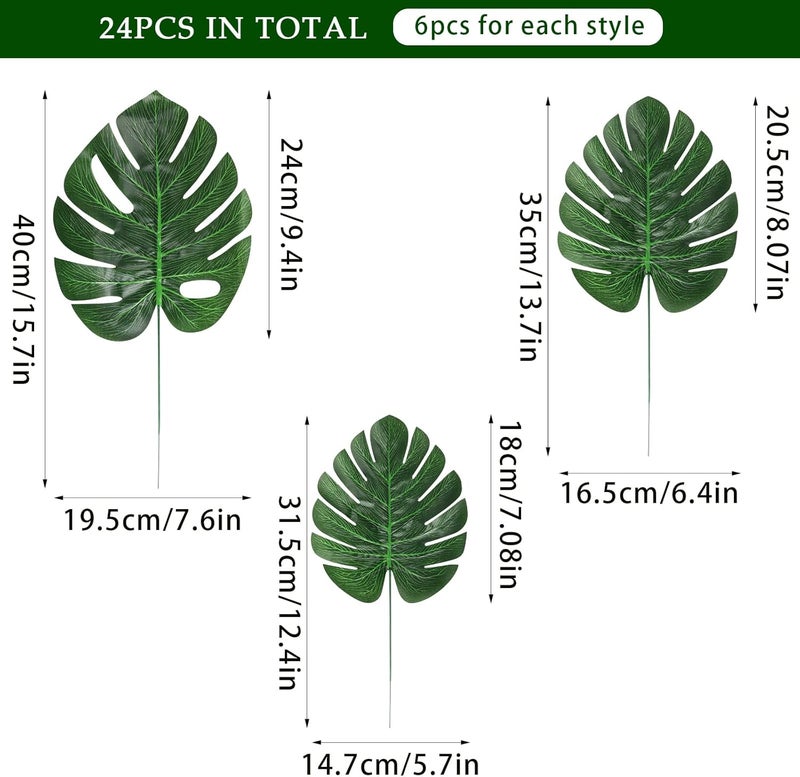 CCINEE 24PCS Green Artificial Palm Leaves, Faux Monstera Leaves Simulation Safari Leaves with Stems for Home Hawaiian Luau Party Jungle Beach Theme Party Decoration - Image 2