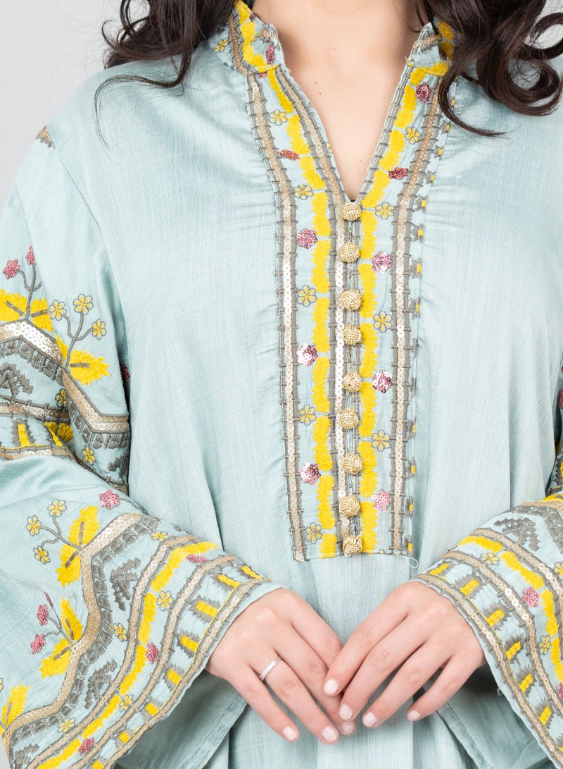 IKKXA Solid Embroidery Jalabiya with Pocket OMN06 Turquoise - Image 3