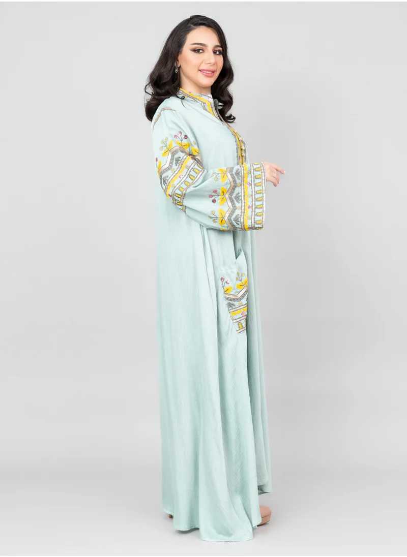 IKKXA Solid Embroidery Jalabiya with Pocket OMN06 Turquoise