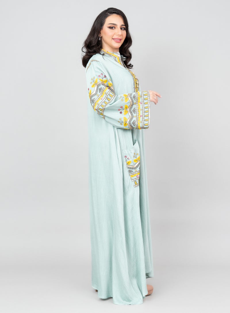 IKKXA Solid Embroidery Jalabiya with Pocket OMN06 Turquoise - Image 2