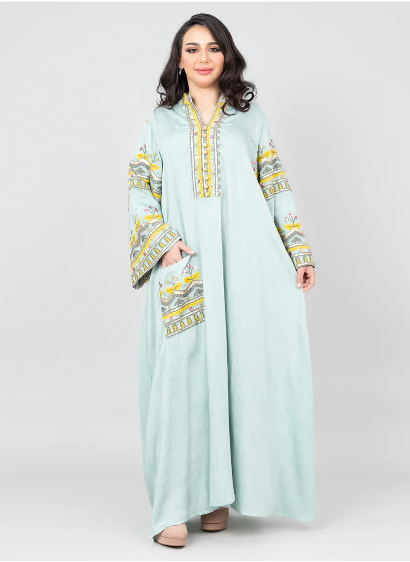 IKKXA Solid Embroidery Jalabiya with Pocket OMN06 Turquoise