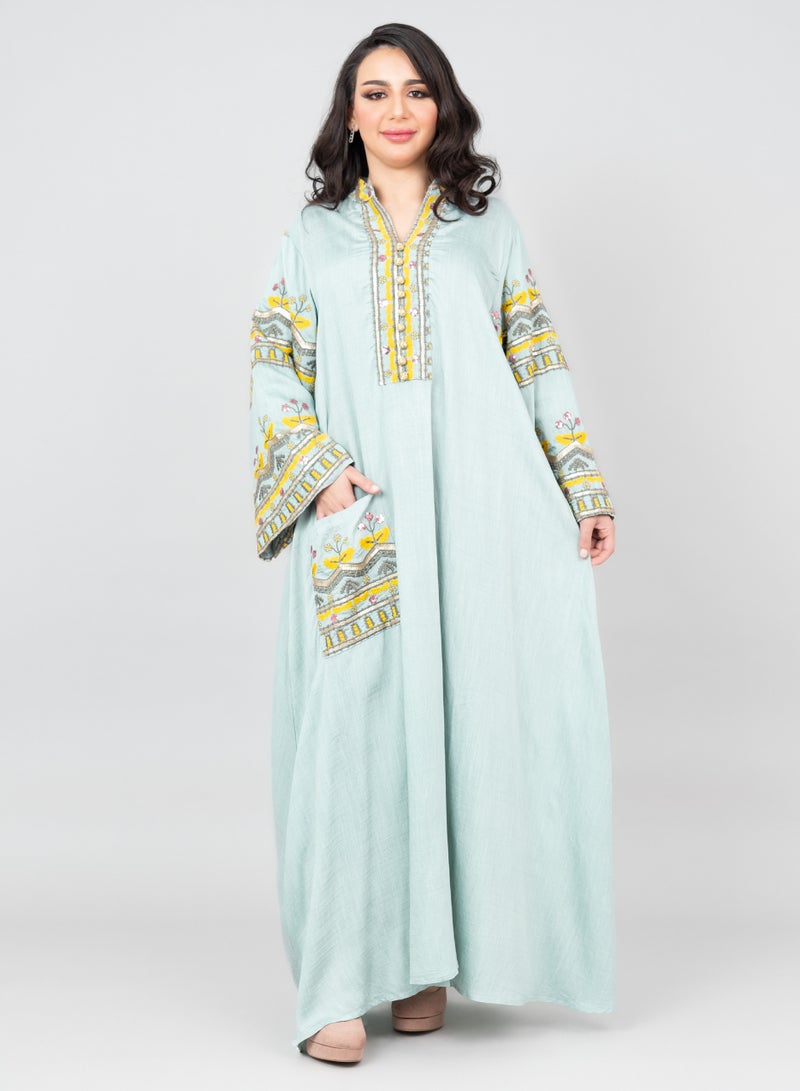 IKKXA Solid Embroidery Jalabiya with Pocket OMN06 Turquoise - Image 1