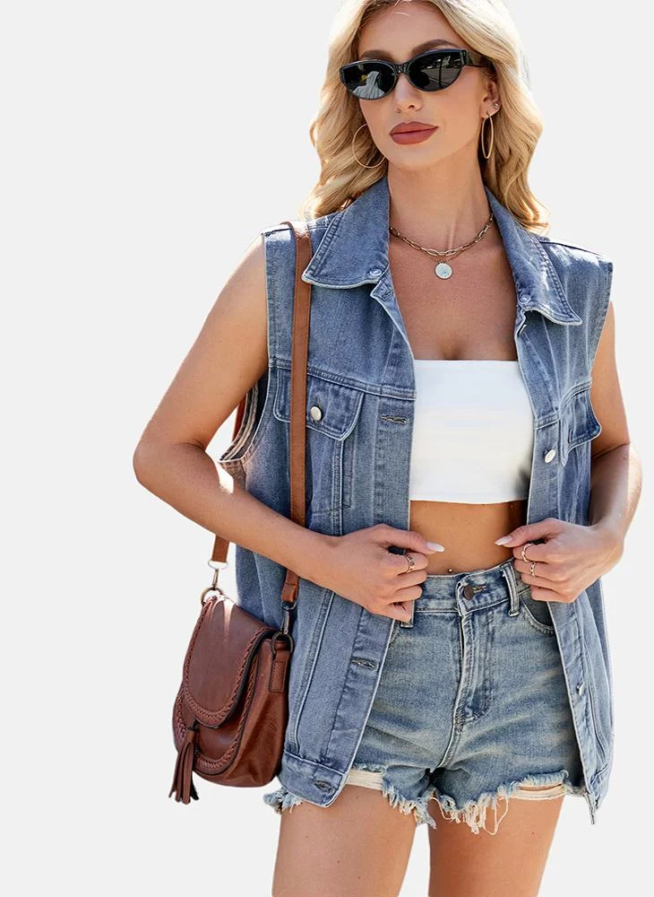 يونيكي Blue Plain Regular Fit Sleeveless Denim Jacket