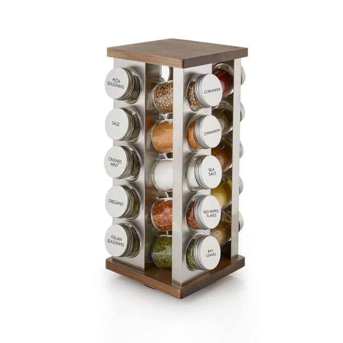 20 JAR VINTAGE REVOLVING COUNTERTOP SPICE RACK ORGANIZER WITH SPICES INCLUDED FREE SPICE REFILLS FOR 5 YEARS WOOD AND STAINLESS STEEL WITH METAL CAPS