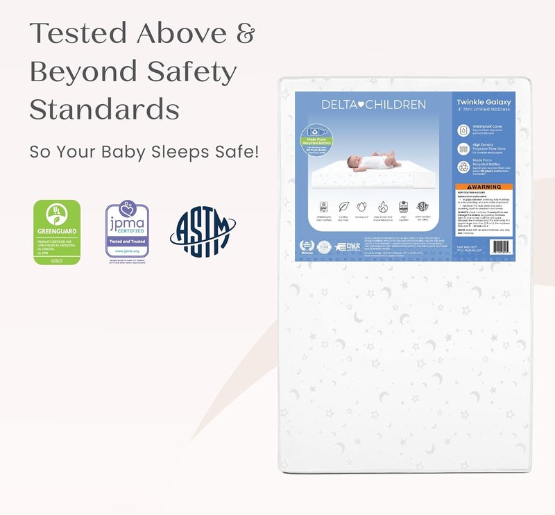 Delta Children Twinkle Galaxy Limited 4inch Mini Crib Mattress  Premium Sustainably Sourced Fiber Core  Waterproof  GREENGUARD Gold Certified NonToxic  5 Year Warranty  Made in USA - Image 4