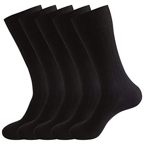 PUJANE Men's Dress Crew Socks 5 Pairs Mens Cotton Calf Business Formal Soft Breathable Athletic Long Sport Socks (Black Size XL) - Image 1