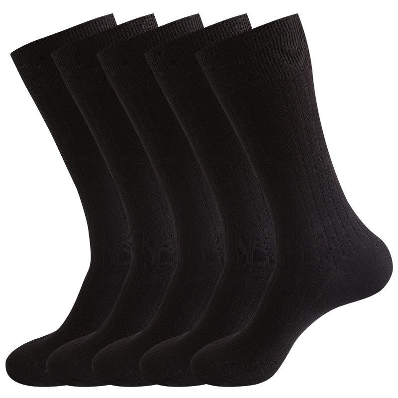 PUJANE Men's Dress Crew Socks 5 Pairs Mens Cotton Calf Business Formal Soft Breathable Athletic Long Sport Socks (Black Size XL) - Image 3