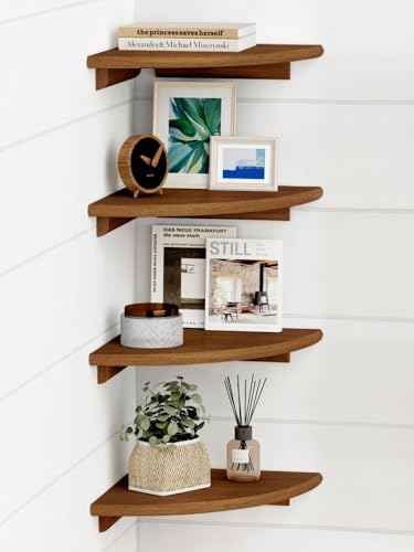 Forbena Walnut Brown Floating Corner Shelves for Wall 4Pack Small Corner Wall Shelves for Kids Room Cute Wooden Hanging Corner Shelf for Bedroom Bathroom Decor Living Room Small Spaces - Image 1