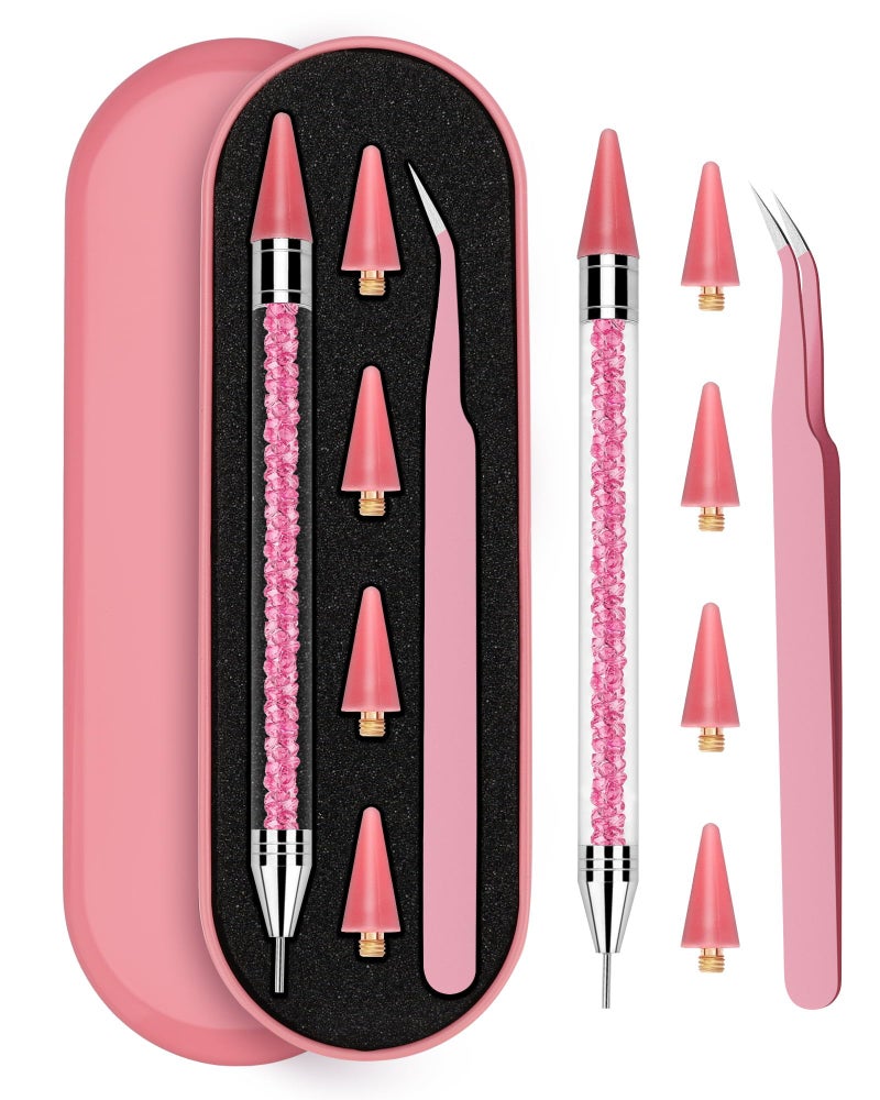Rolybag Rhinestone Picker Tool, Rhinestone Applicator Tool Dotting Wax Pen Dual-Ended with 4 PCS Replaceable Wax Tips and 1 Tweezers for DIY Nail Art Tool (Pink) - Image 1