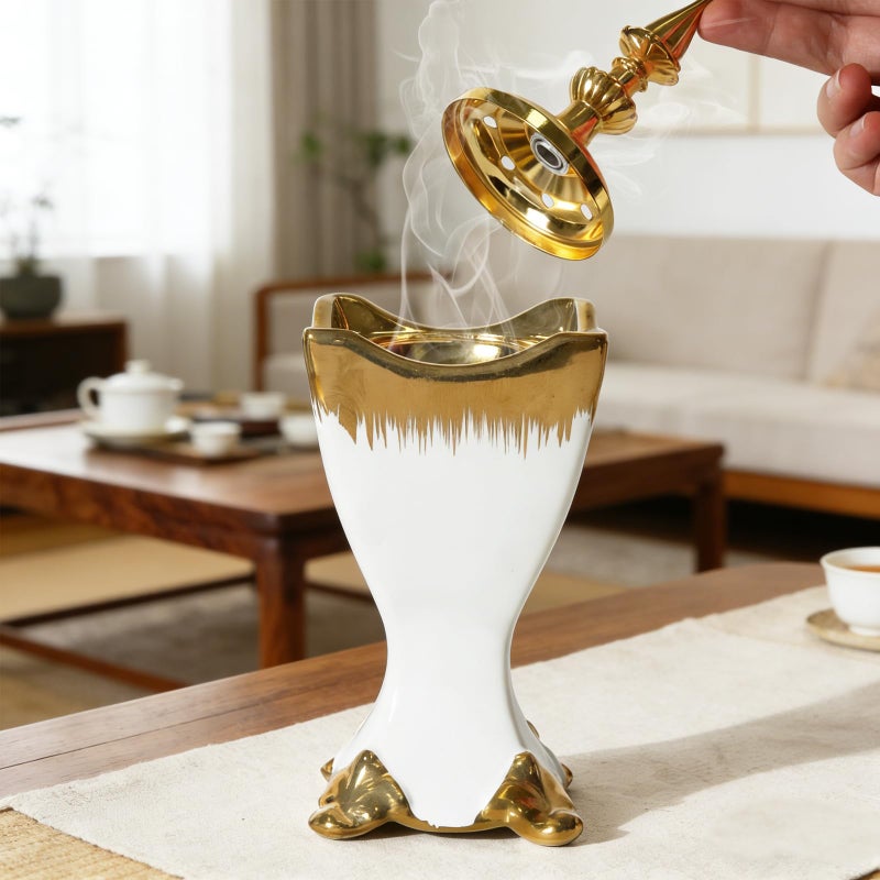 Deapeey Ceramic Bakhoor Incense Burner - Tranditional Golden Bakhoor Burner - for Yoga, Spa, Aromatherapy, Office & Home Decor - Image 4