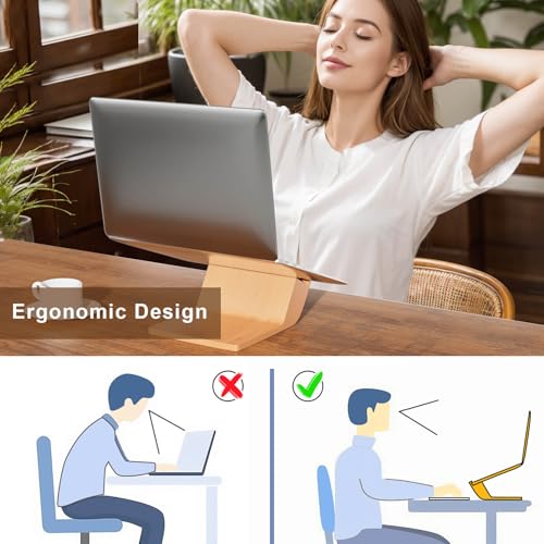 NAMAII Wooden Laptop Stand, Ergonomic Computer Stand for Desk, Portable Laptop Riser, Notebook Stand Holder Compatible with MacBook Pro/Air, Dell, HP, Lenovo and All Laptops (10-17 inch), Wood - Image 2