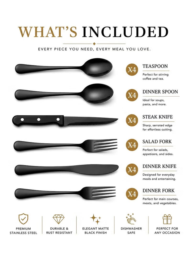 Eworld 24-Piece Black Stainless Steel Cutlery Set – Premium Food Grade Flatware Set for Home, Kitchen & Restaurant Use - Image 3