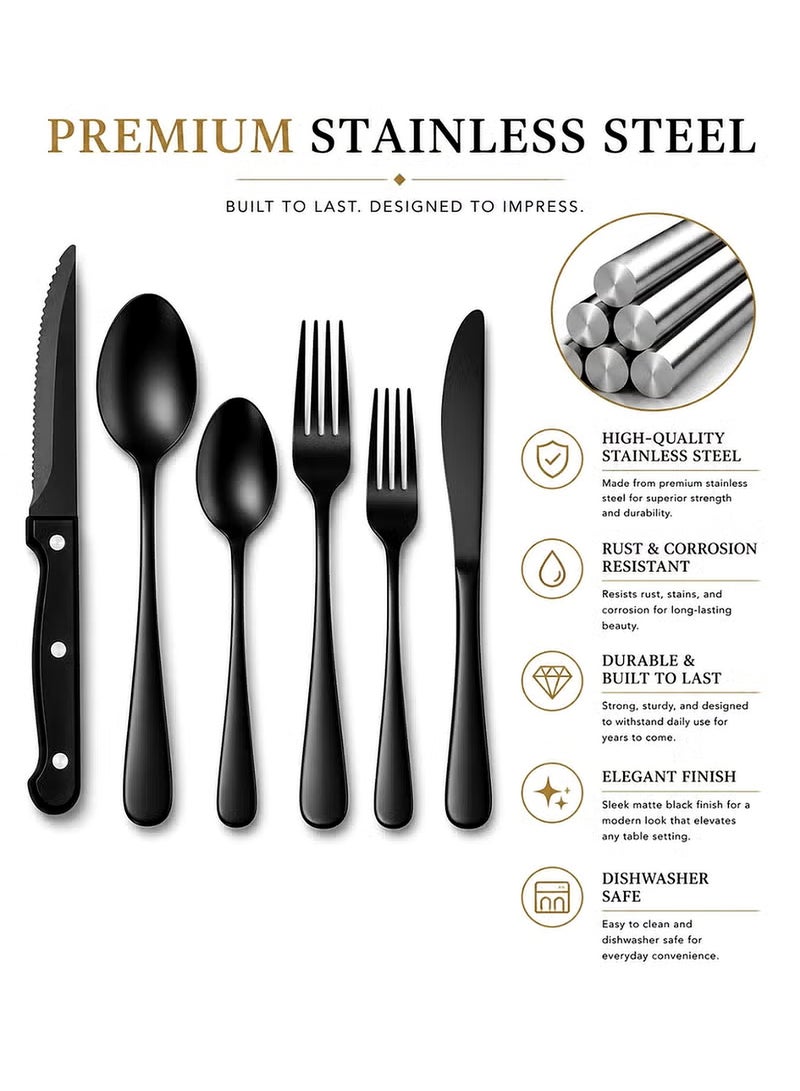 Eworld 24-Piece Black Stainless Steel Cutlery Set – Premium Food Grade Flatware Set for Home, Kitchen & Restaurant Use - Image 2