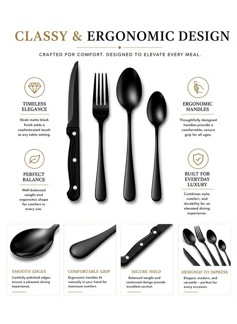 Eworld 24-Piece Black Stainless Steel Cutlery Set – Premium Food Grade Flatware Set for Home, Kitchen & Restaurant Use - Image 4