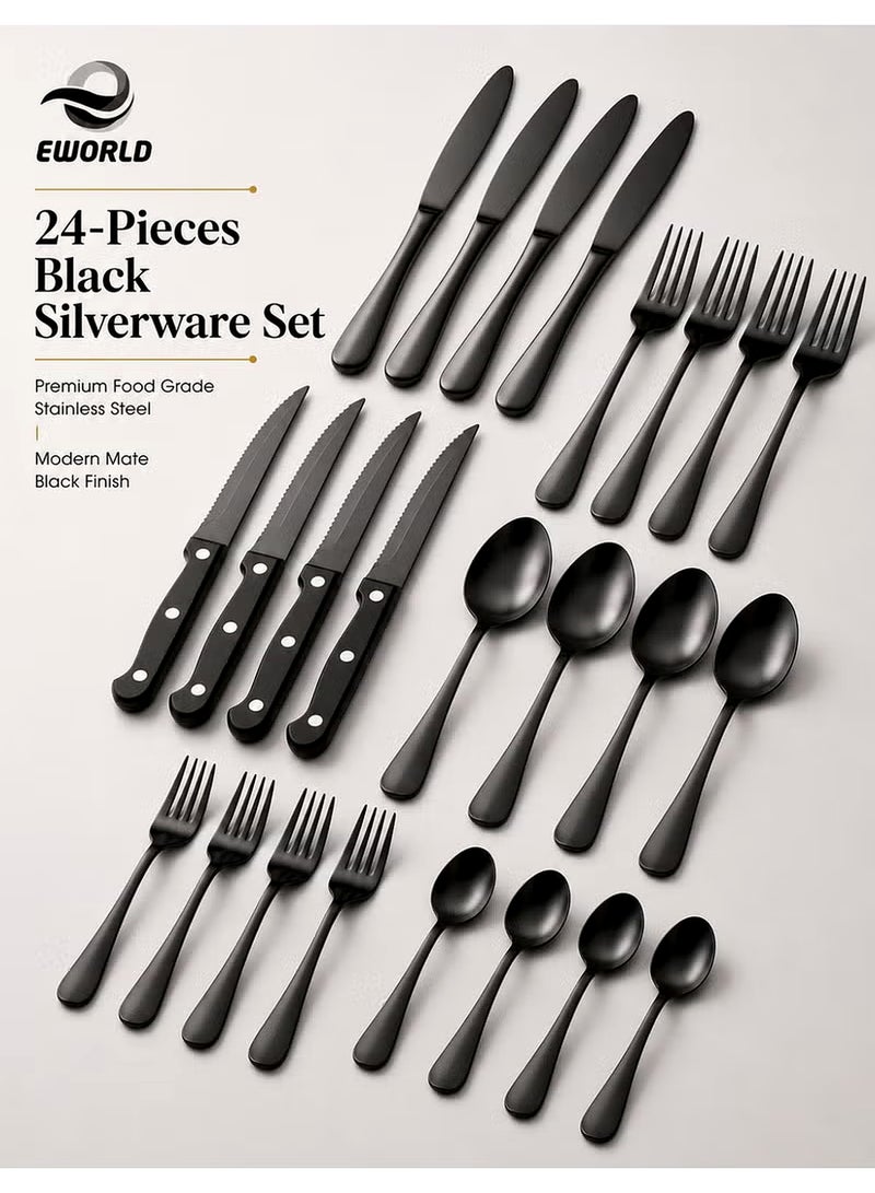 Eworld 24-Piece Black Stainless Steel Cutlery Set – Premium Food Grade Flatware Set for Home, Kitchen & Restaurant Use - Image 1