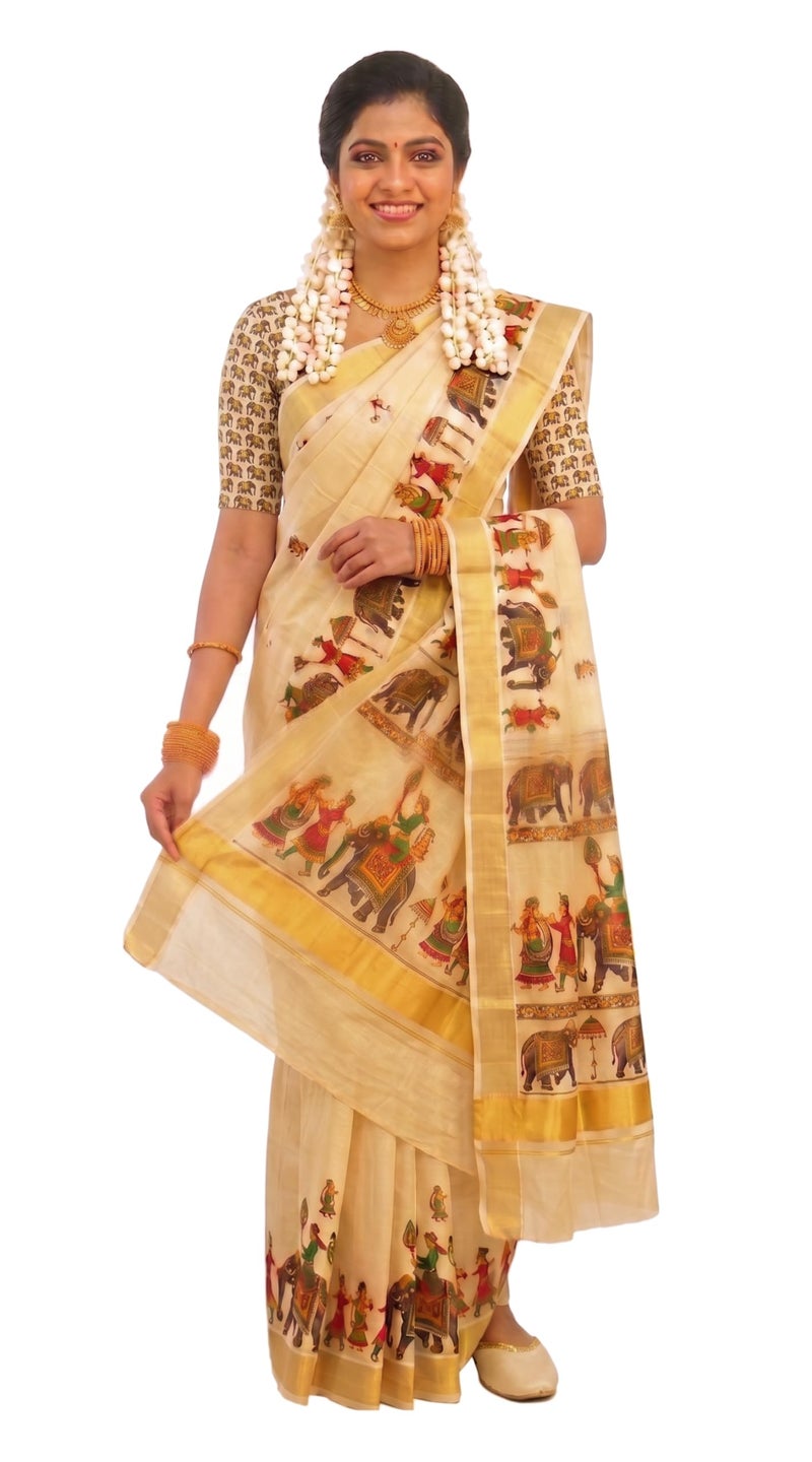 YETTALAN® Women's Mural Printed Kerala Gold Tissue Saree with Running Blouse Piece (Elephant Pradaksinam) - Image 5