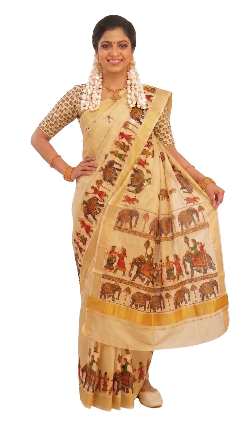 YETTALAN® Women's Mural Printed Kerala Gold Tissue Saree with Running Blouse Piece (Elephant Pradaksinam) - Image 4
