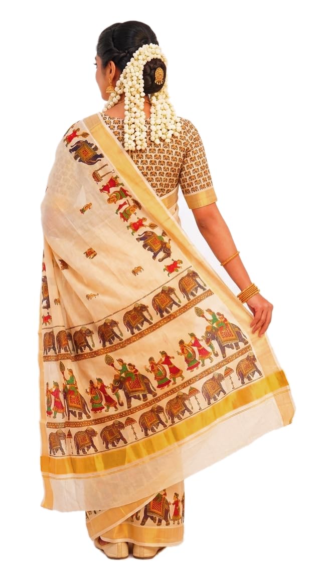 YETTALAN® Women's Mural Printed Kerala Gold Tissue Saree with Running Blouse Piece (Elephant Pradaksinam) - Image 2