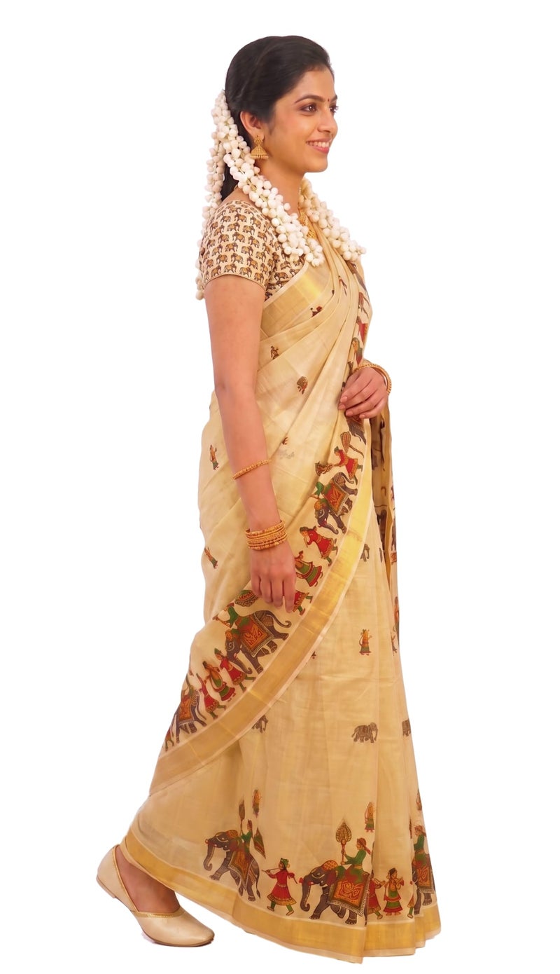 YETTALAN® Women's Mural Printed Kerala Gold Tissue Saree with Running Blouse Piece (Elephant Pradaksinam) - Image 3