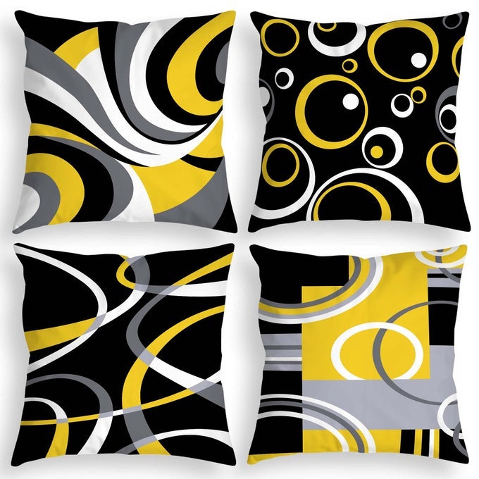 YELLOW AND BLACK THROW PILLOW COVERS 18X18 INCHES SET OF 4 DECOR DECORATIVE THROW PILLOW COVER ABSTRACT MODERN GEOMETRIC SQUARE CUSHION CASES FOR SOFA BED COUCH