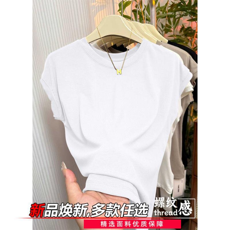 Ice Silk Right Shoulder Short-Sleeved T-Shirt for Women 2025 Summer New Pure Color Small Flying Sleeves Summer High Elastic Round Neck Korean Style Top White [cm718 single piece]