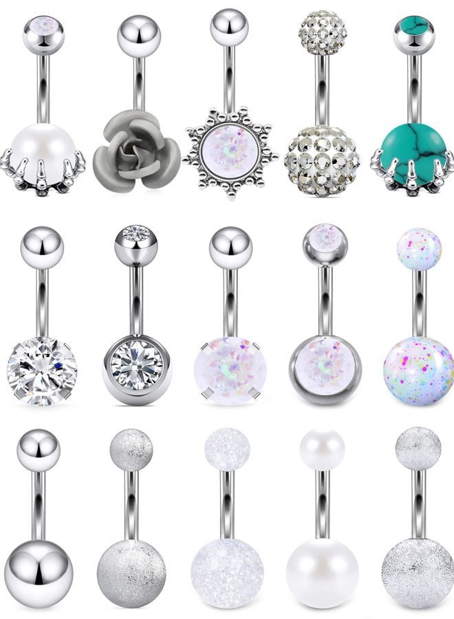 Vsnnsns 14G Belly Button Rings Belly Rings for Women Stainless Steel CZ Opal Belly Button Piercing Jewelry Belly Bars Curved Navel Ring Barbell Body Jewelry Piercing for Women Men Silver - Image 1