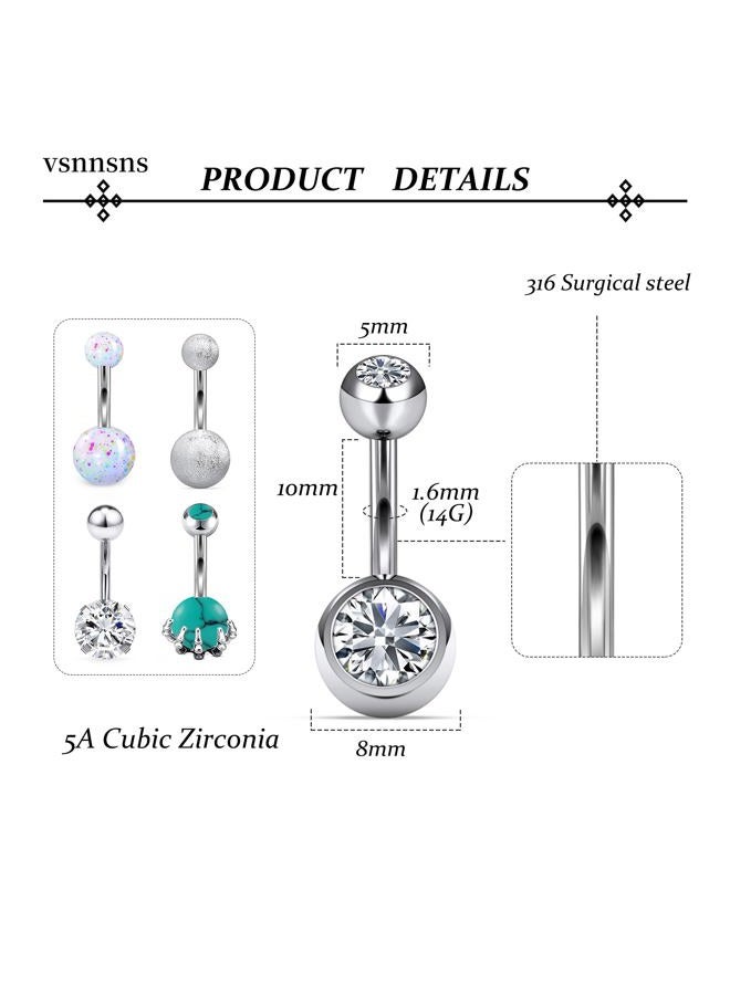 Vsnnsns 14G Belly Button Rings Belly Rings for Women Stainless Steel CZ Opal Belly Button Piercing Jewelry Belly Bars Curved Navel Ring Barbell Body Jewelry Piercing for Women Men Silver - Image 3