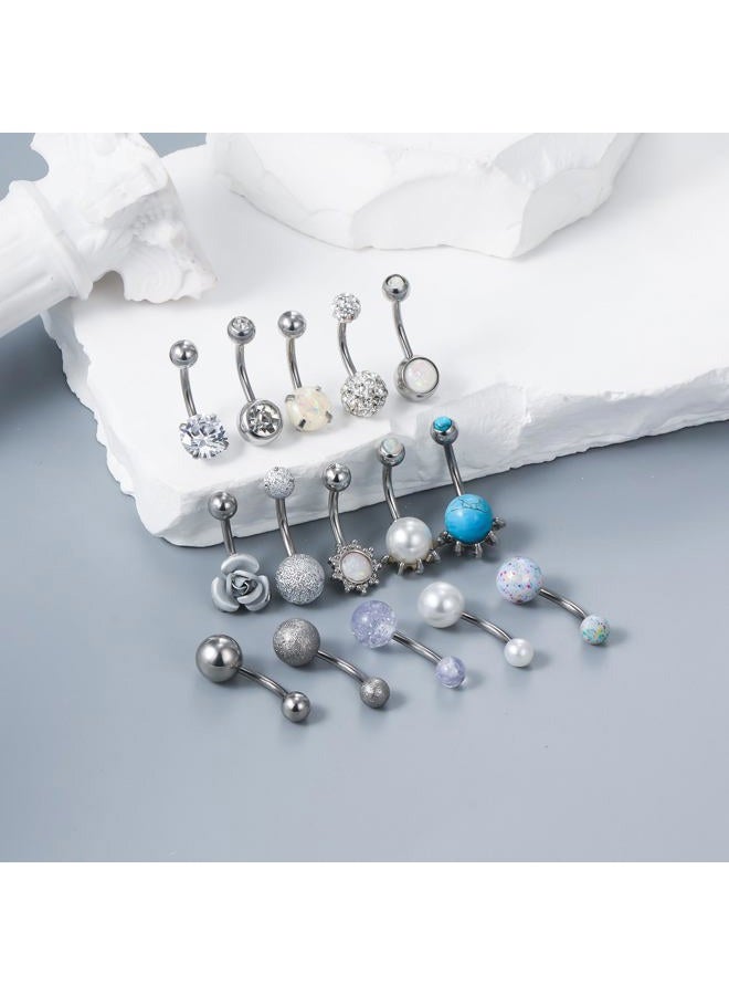 Vsnnsns 14G Belly Button Rings Belly Rings for Women Stainless Steel CZ Opal Belly Button Piercing Jewelry Belly Bars Curved Navel Ring Barbell Body Jewelry Piercing for Women Men Silver - Image 2