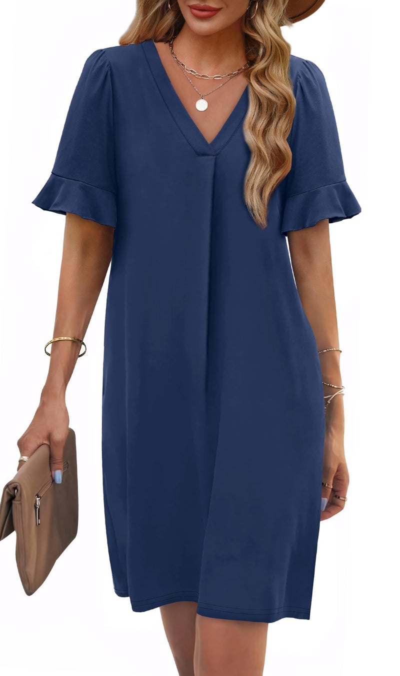 OFEEFAN Navy Blue Dress for Women Summer V Neck Dinner Dresses for Women 2026 with Pockets S - Image 2
