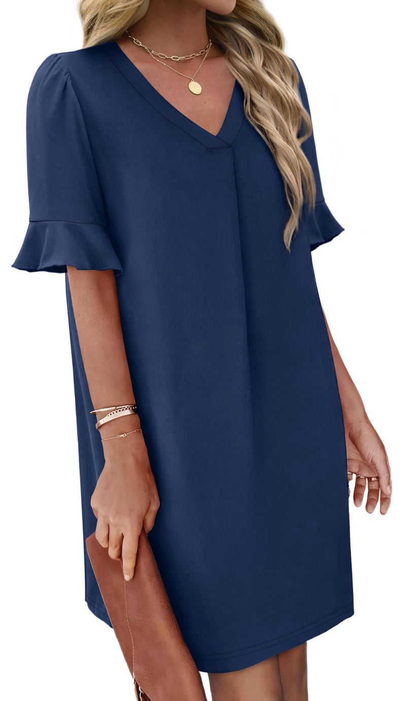 OFEEFAN Navy Blue Dress for Women Summer V Neck Dinner Dresses for Women 2026 with Pockets S - Image 3