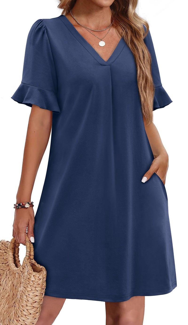 OFEEFAN Navy Blue Dress for Women Summer V Neck Dinner Dresses for Women 2026 with Pockets S - Image 1