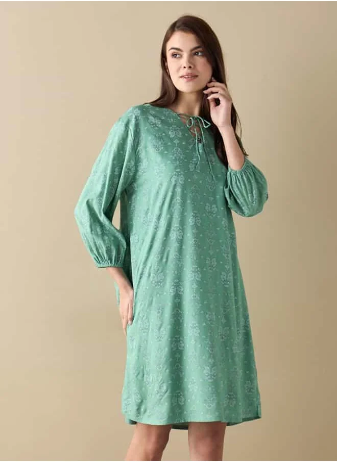 FAV All-Over Floral Print Sleepshirt with Tie-Ups and 3/4 Sleeves
