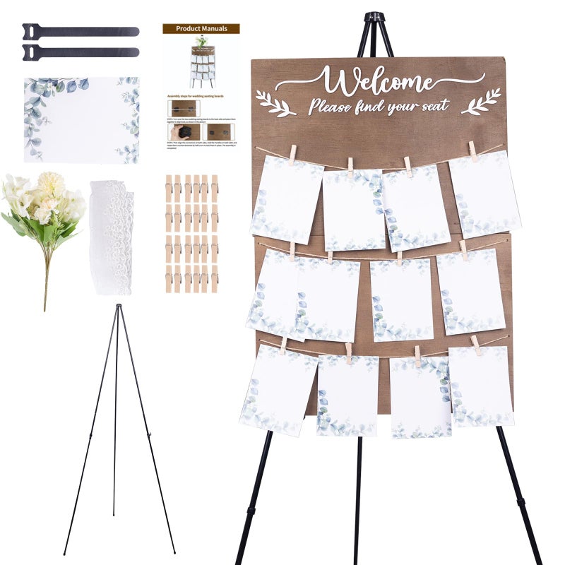 DigNew Wooden Wedding Seating Chart Board, Two Connectable Panels (23.7"Ã—17"), 0.32" Thick, Foldable Design with Metal Stand, White Lace Ribbon, Floral DÃ©cor, and 20 Cards for Ceremony & Reception - Image 1