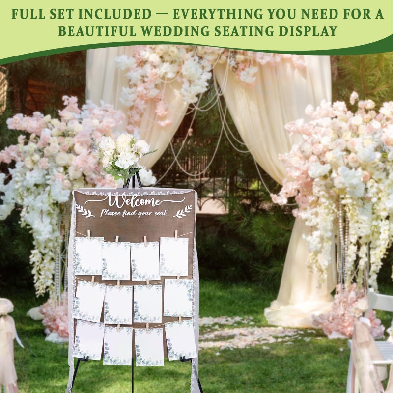 DigNew Wooden Wedding Seating Chart Board, Two Connectable Panels (23.7"Ã—17"), 0.32" Thick, Foldable Design with Metal Stand, White Lace Ribbon, Floral DÃ©cor, and 20 Cards for Ceremony & Reception - Image 2