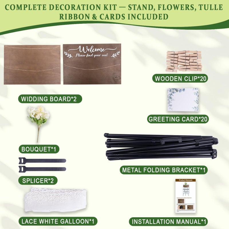 DigNew Wooden Wedding Seating Chart Board, Two Connectable Panels (23.7"Ã—17"), 0.32" Thick, Foldable Design with Metal Stand, White Lace Ribbon, Floral DÃ©cor, and 20 Cards for Ceremony & Reception - Image 4