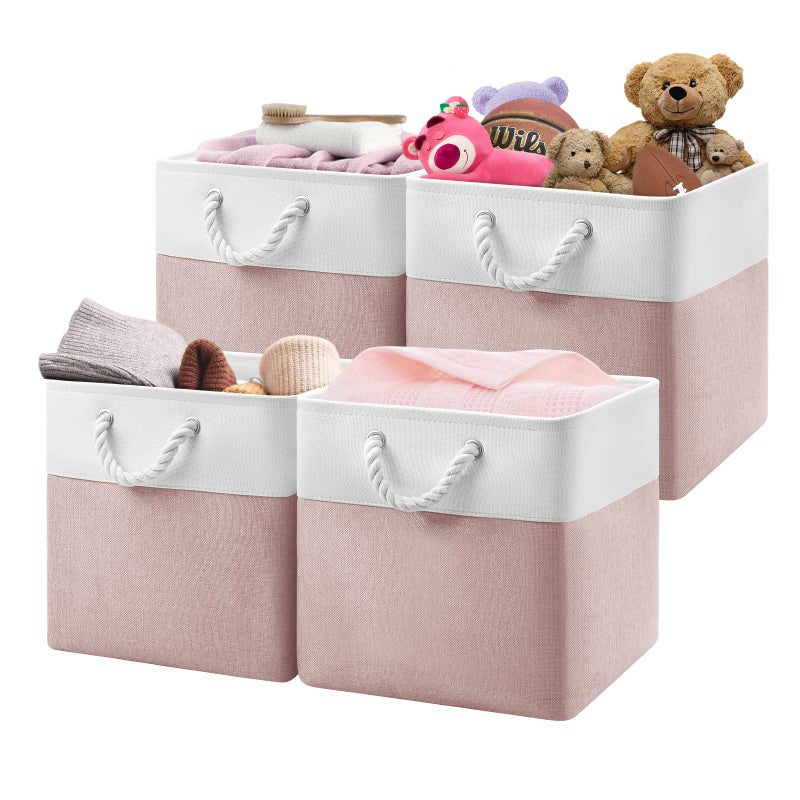 Patvingot 13x13x13 Cube Storage Bins,4 Pack Large Foldable Fabric Storage Cubes with Handles for Organizing Home, Closet, Shelf, Office(White&Pink) - Image 1