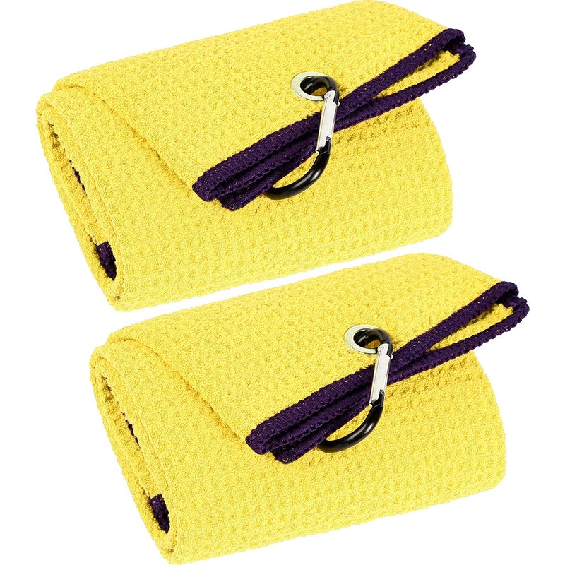 VIVIDLY 2 Pack Tri-fold Golf Towels, Premium Microfiber Fabric Waffle Pattern with Black Heavy Duty Carabiner Clip, Yellow Golf Towels for Golf Bags for Men (Yellow)