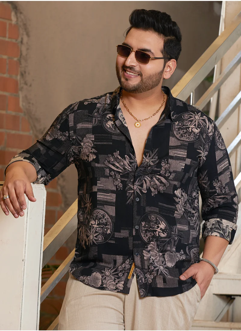 انستافاب بلس Instafab Plus Men's Midnight Black Bloom-Imprint Shirt For Casual Wear | Spread Collar | Long Cuffed Sleeves | Button Closure | Plus Size Shirt Crafted With Comfort Fit For Everyday Wear