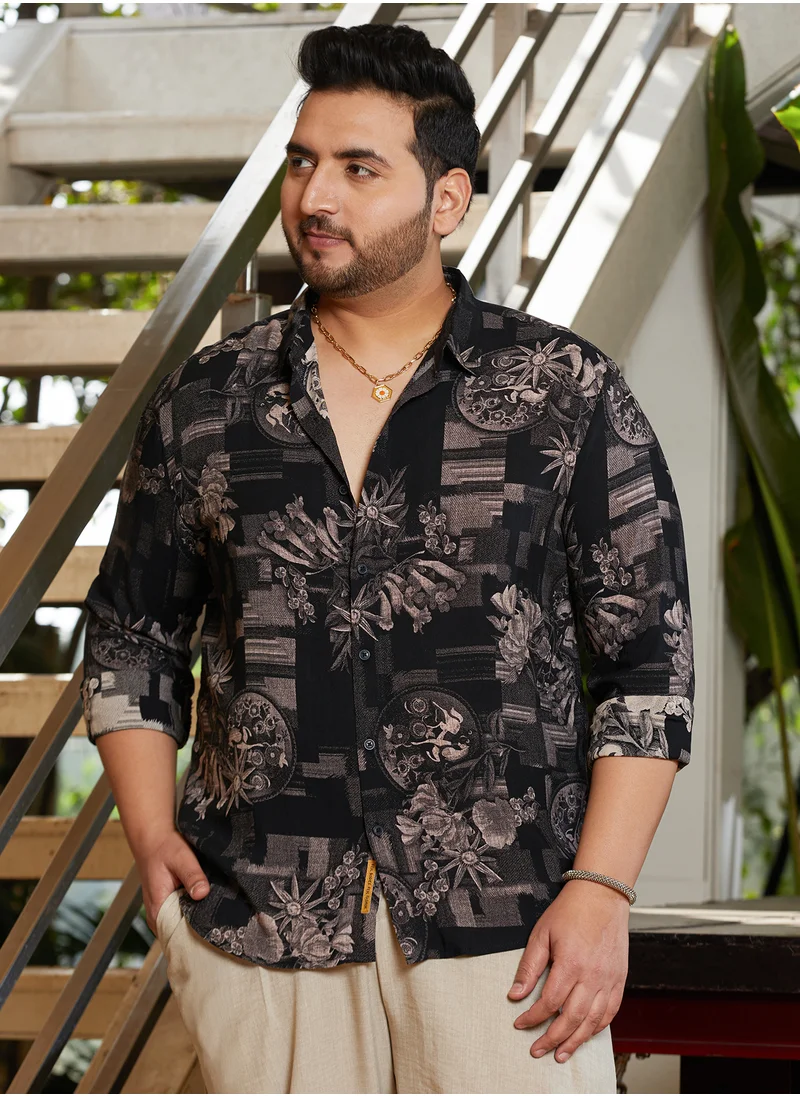 انستافاب بلس Instafab Plus Men's Midnight Black Bloom-Imprint Shirt For Casual Wear | Spread Collar | Long Cuffed Sleeves | Button Closure | Plus Size Shirt Crafted With Comfort Fit For Everyday Wear
