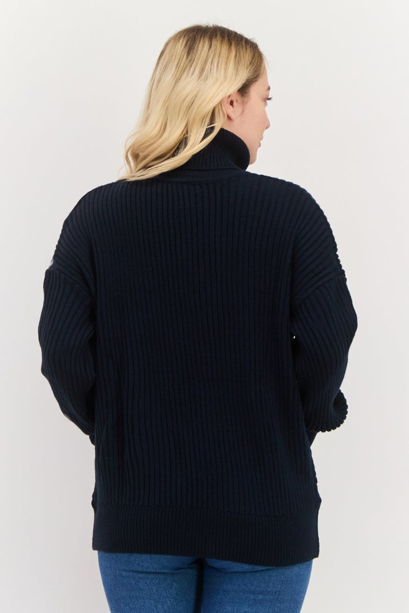 Pepe Jeans Women Turtle Neck Long Sleeve Textured Sweater, Navy - Image 2