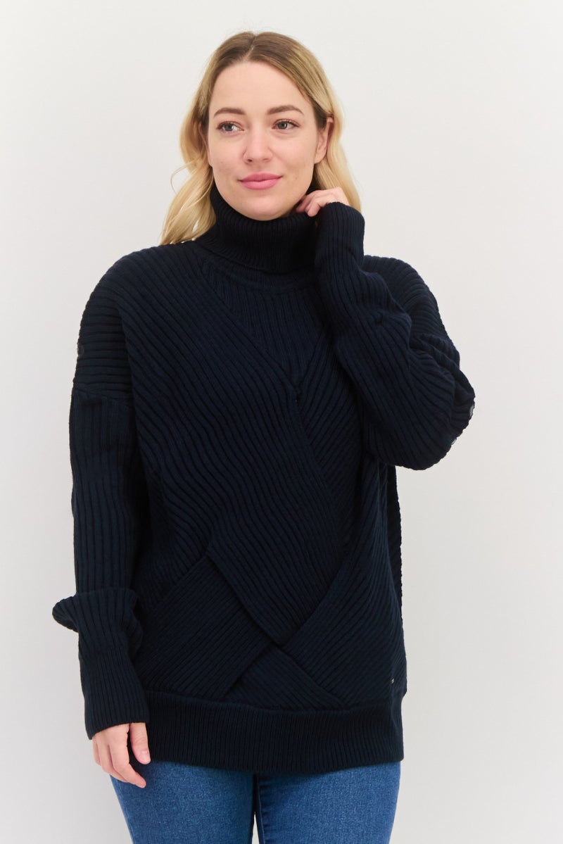 Pepe Jeans Women Turtle Neck Long Sleeve Textured Sweater, Navy - Image 1