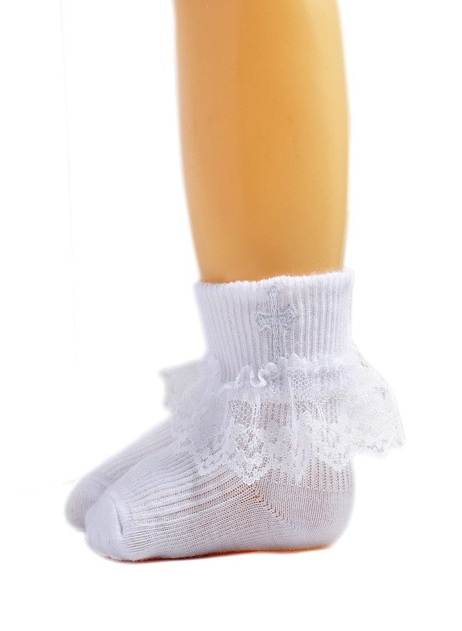 EPEIUS Baby Christening Socks Baby Girls/Boys Turn cuff Baptism Socks with Cross Newborn Infant Toddler, Lace White 2 Pairs, 3-12 Months - Image 1
