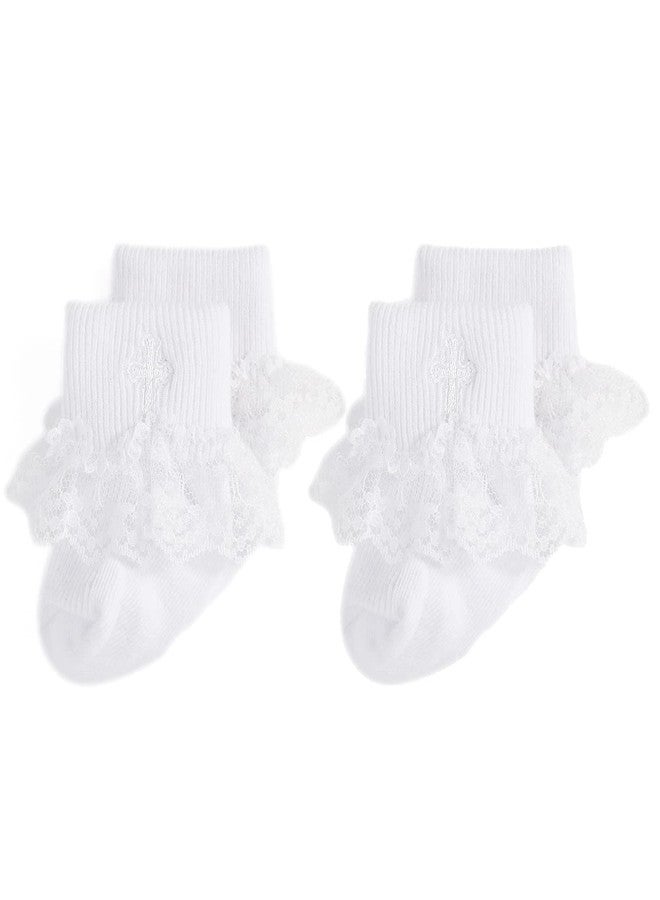 EPEIUS Baby Christening Socks Baby Girls/Boys Turn cuff Baptism Socks with Cross Newborn Infant Toddler, Lace White 2 Pairs, 3-12 Months - Image 3
