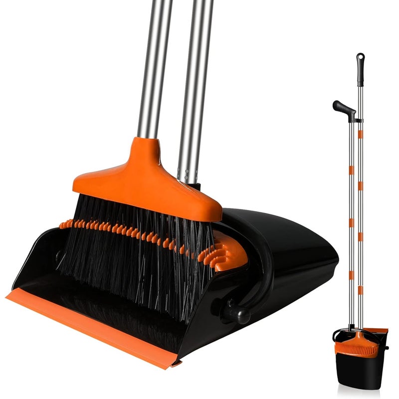 GRAREND Broom and Dustpan Set for Home Upright 55 Broom and Dustpan Combo with Long Handle Lobby Broom Sweeping for House Kitchen Room Office Indoor Floor Cleaning Supplies Housewarming GiftOrange