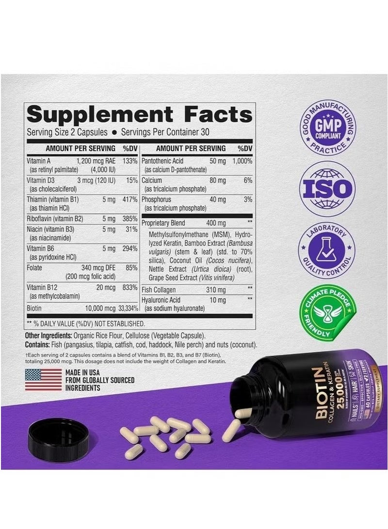 Biotin Biotin, Collagen & Keratin Complex – 25,000 mcg Hair, Skin & Nails Supplement – Hyaluronic Acid + B-Vitamins (B2, B3, B6, B7) – Clinically Tested Formula for Women & Men – 60 Capsules - Image 3