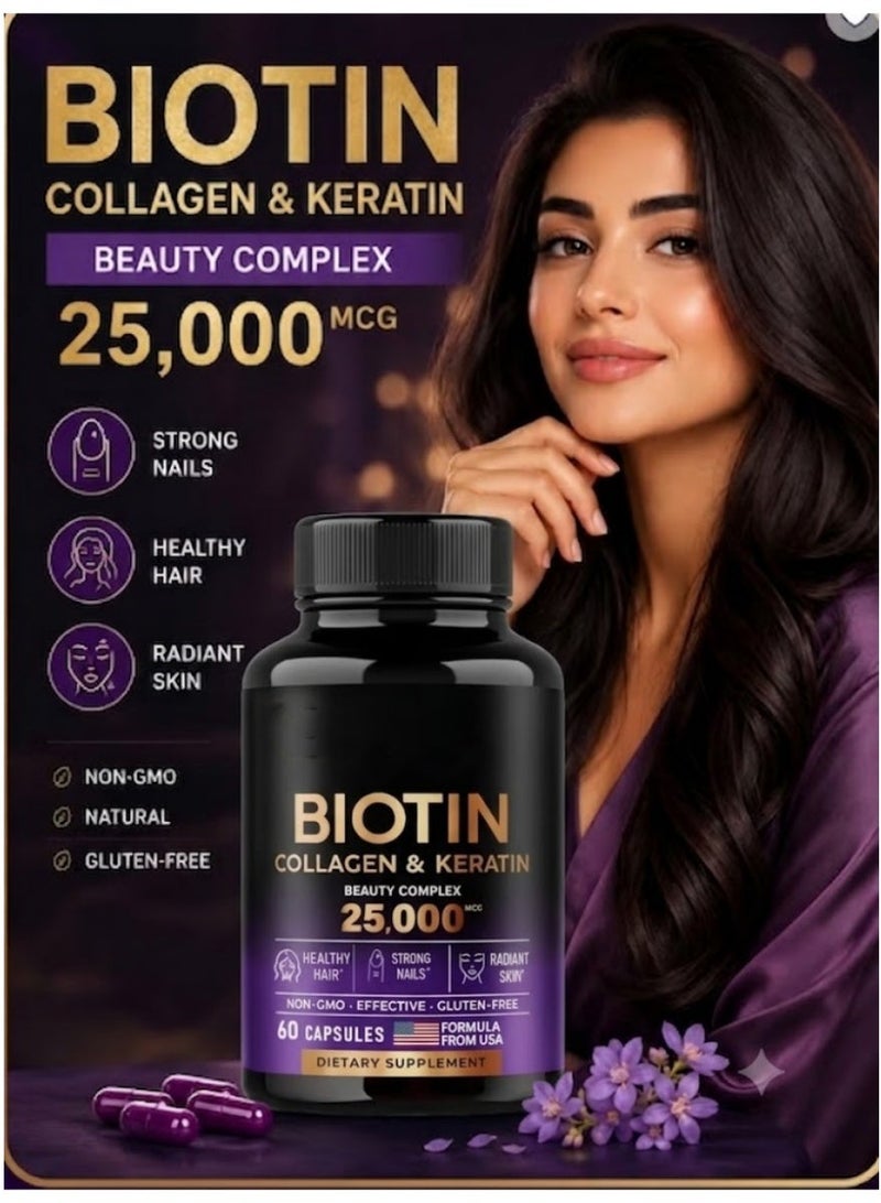 Biotin, Collagen & Keratin Complex – 25,000 mcg Hair, Skin & Nails Supplement – Hyaluronic Acid + B-Vitamins (B2, B3, B6, B7) – Clinically Tested Formula for Women & Men – 60 Capsules - Image 1