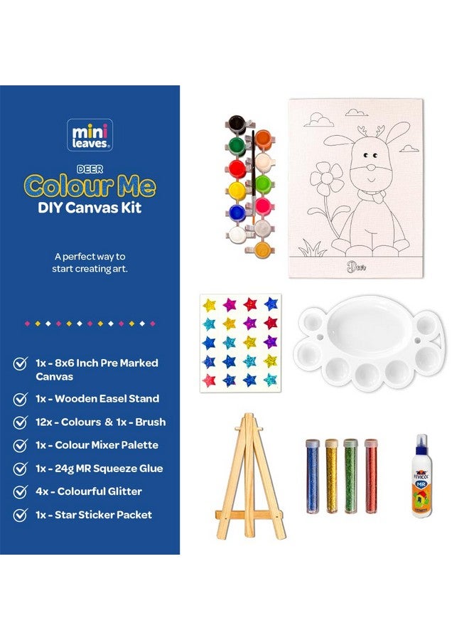 Mini Leaves Mini Leaves Colour Me Deer DIY Canvas Art Kit, 8 x 6 Inch, Wooden Easel, Premium Paint Kit for Kids 6+ Years, Brush, Glitters, Beginner DIY Canvas Kit for Ages 6-8  - Image 2
