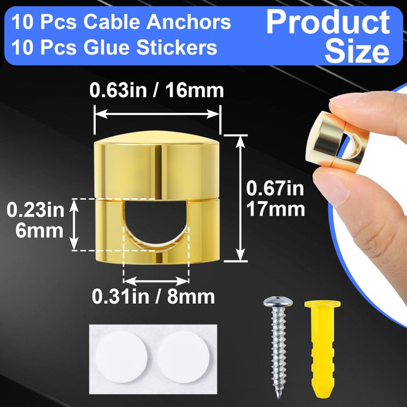 SmallCat 10 Sets Charger Holders for Cords, Gold Color Adjustable Cable Anchor Holders, Adhesive Metal Cord Clips, Cable Management Wire Organizers for Desk, Office, Nightstand - Image 2