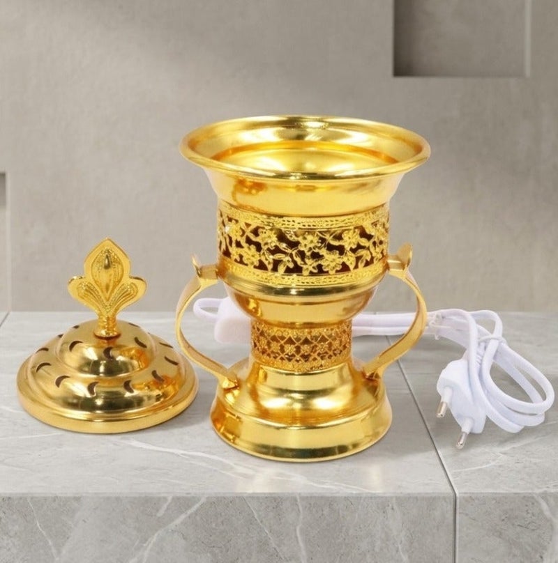 Electric Bakhoor Incense Burner with On/Off Switch and Gold Trim for all kinds of Bakhoor - Ideal for Home, office, Yoga Meditation room and Gifting - Gold - Image 2