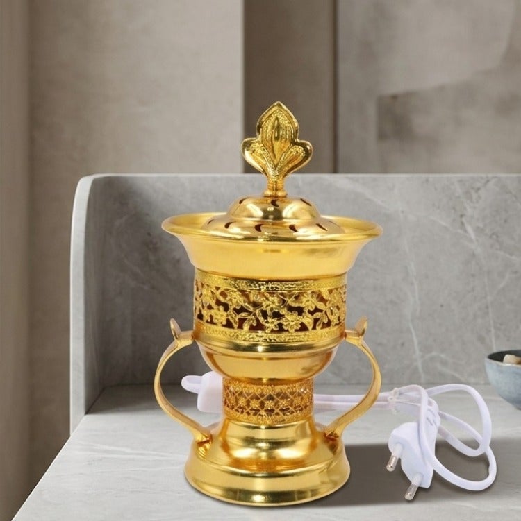 Electric Bakhoor Incense Burner with On/Off Switch and Gold Trim for all kinds of Bakhoor - Ideal for Home, office, Yoga Meditation room and Gifting - Gold - Image 1